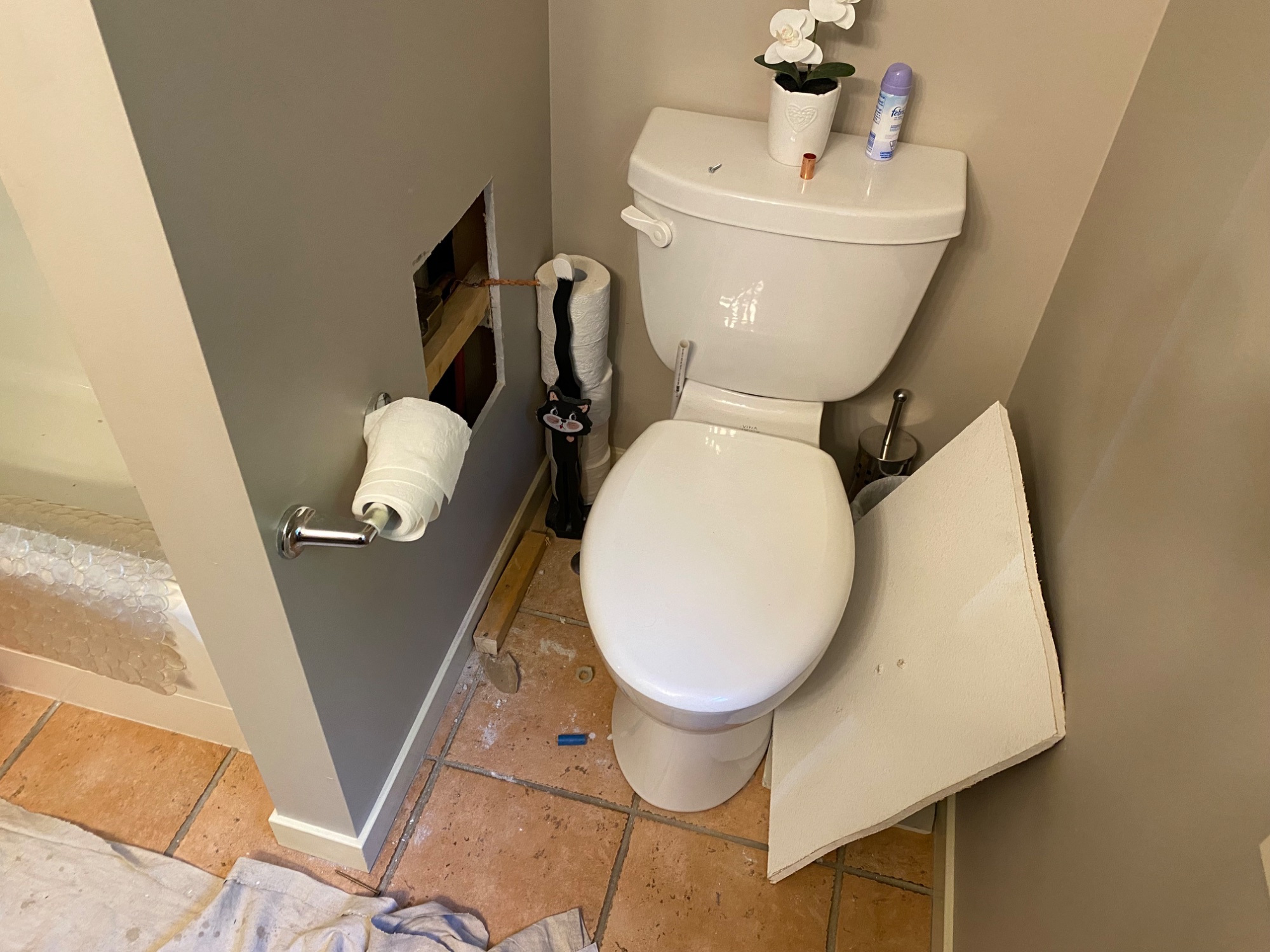 Bathroom wall opening after a Poly-B repipe